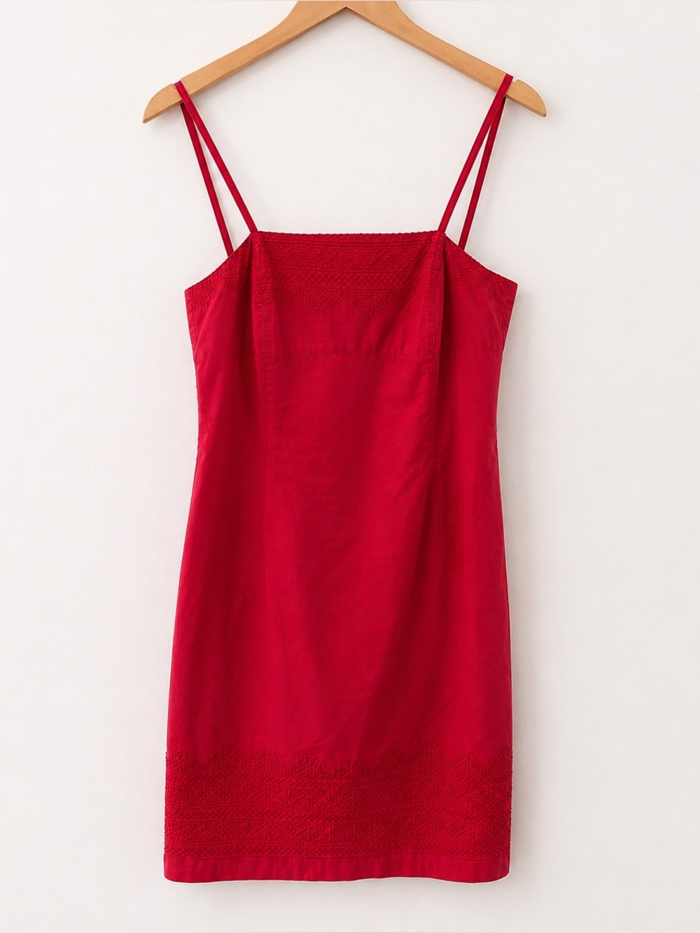French Connection Red Embroidered Mini Dress Size 8 Strappy Square Neck Cocktail